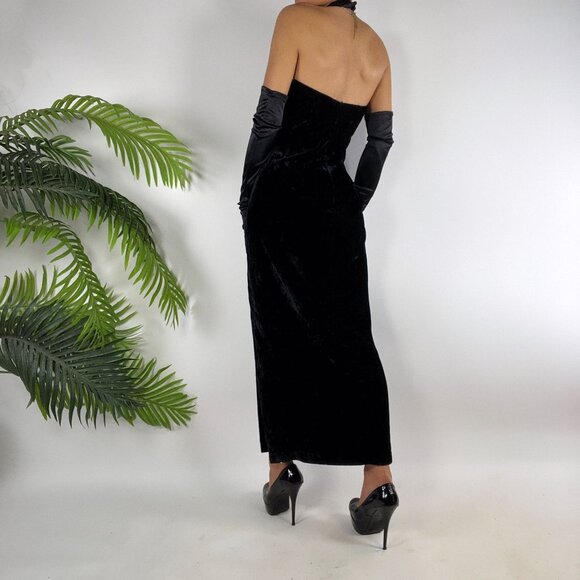 Vintage 90s Black Velvet Whimsygoth Romantic Gothic Halter Evening Prom Dress /6 - Picture 2 of 12